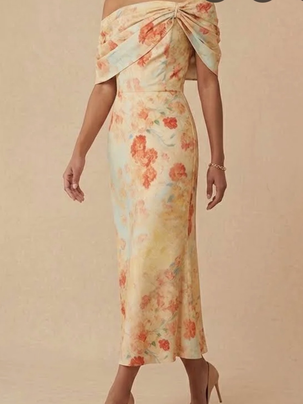 Fehaute Floral Off Shoulder Midi Dress With twist front detail. Watercolor Sz 10